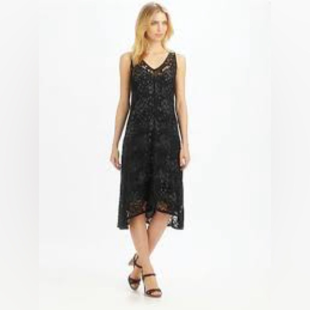 Eileen Fisher V-Neck Crinkle Lace Dress w/ Slip Large - Picture 2 of 6